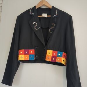 VTG Joseph Ribkoff Cropped Blazer 80s Colorful Embellished Women's SZ 12 Black